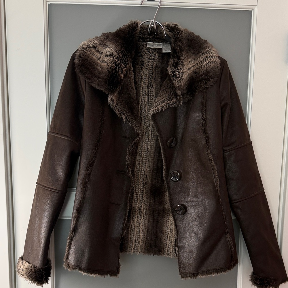 Chico's Dark Brown Shearling-Trim Leather Jacket